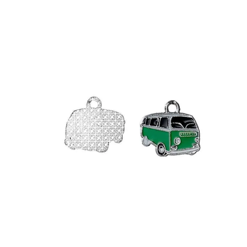 5 Pcs Tibetan Silver and Enamel Green VW Bettle Camper Van 18mm x 20mm Charms Pendants