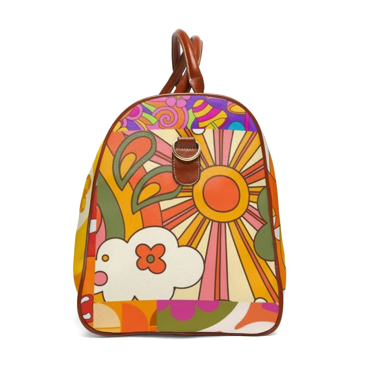 70's Retro Boho Vibes, Groovy Patchwork Pattern, In Orange, Purple, Green, Pink, Yellow Mid Century Modern VEGAN Waterproof Travel Bag