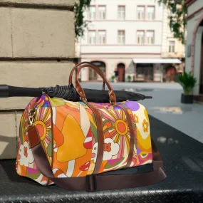 70's Retro Boho Vibes, Groovy Patchwork Pattern, In Orange, Purple, Green, Pink, Yellow Mid Century Modern VEGAN Waterproof Travel Bag