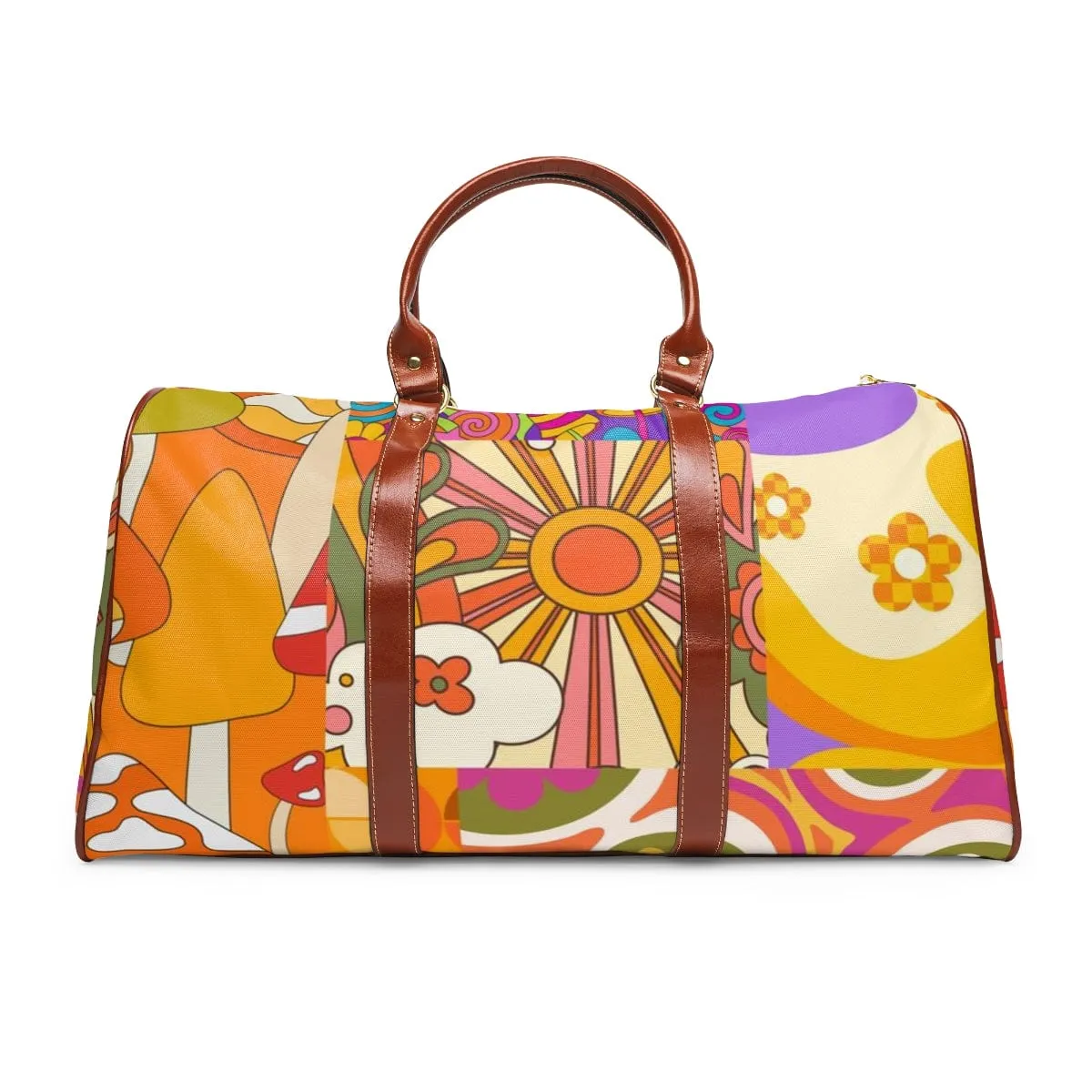 70's Retro Boho Vibes, Groovy Patchwork Pattern, In Orange, Purple, Green, Pink, Yellow Mid Century Modern VEGAN Waterproof Travel Bag