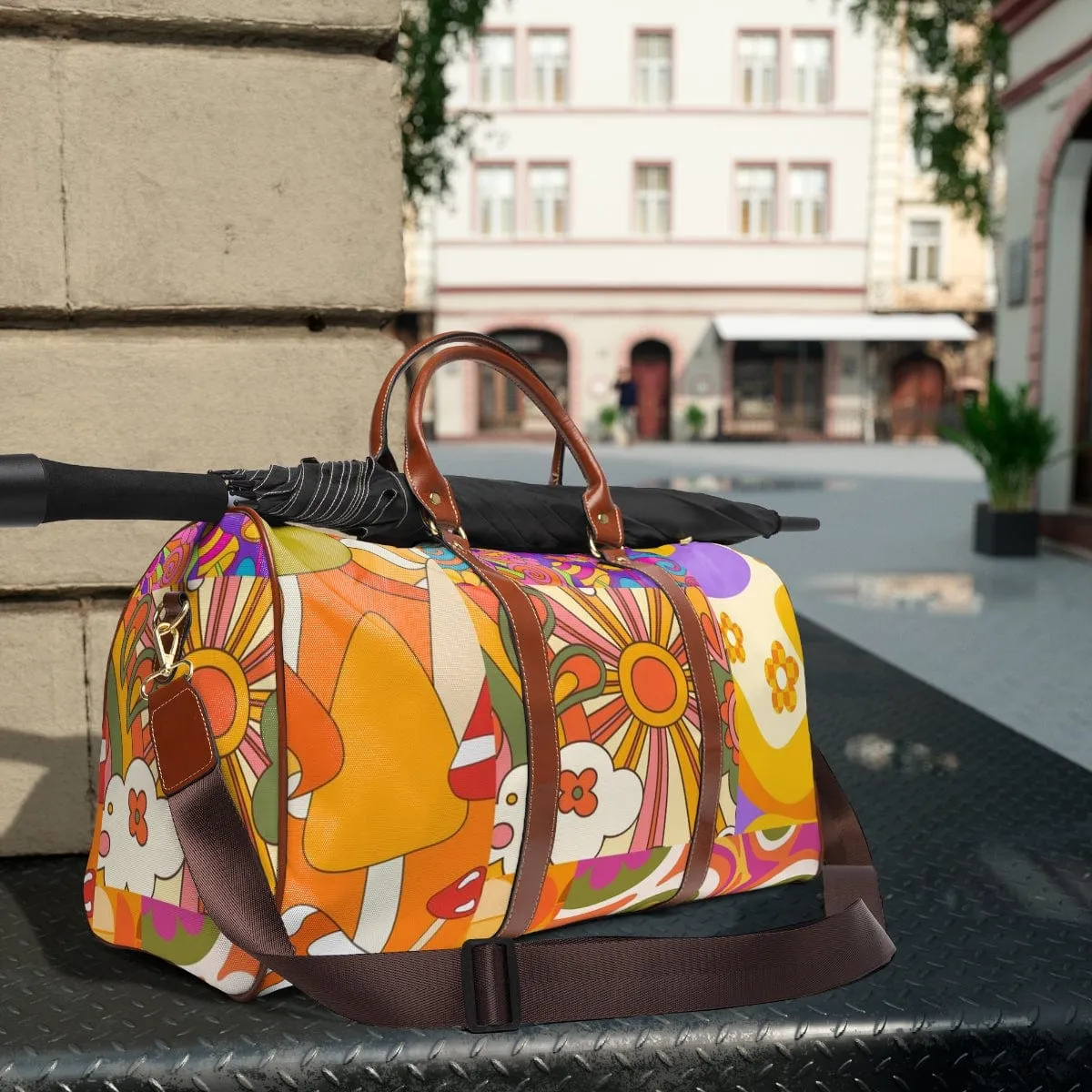 70's Retro Boho Vibes, Groovy Patchwork Pattern, In Orange, Purple, Green, Pink, Yellow Mid Century Modern VEGAN Waterproof Travel Bag
