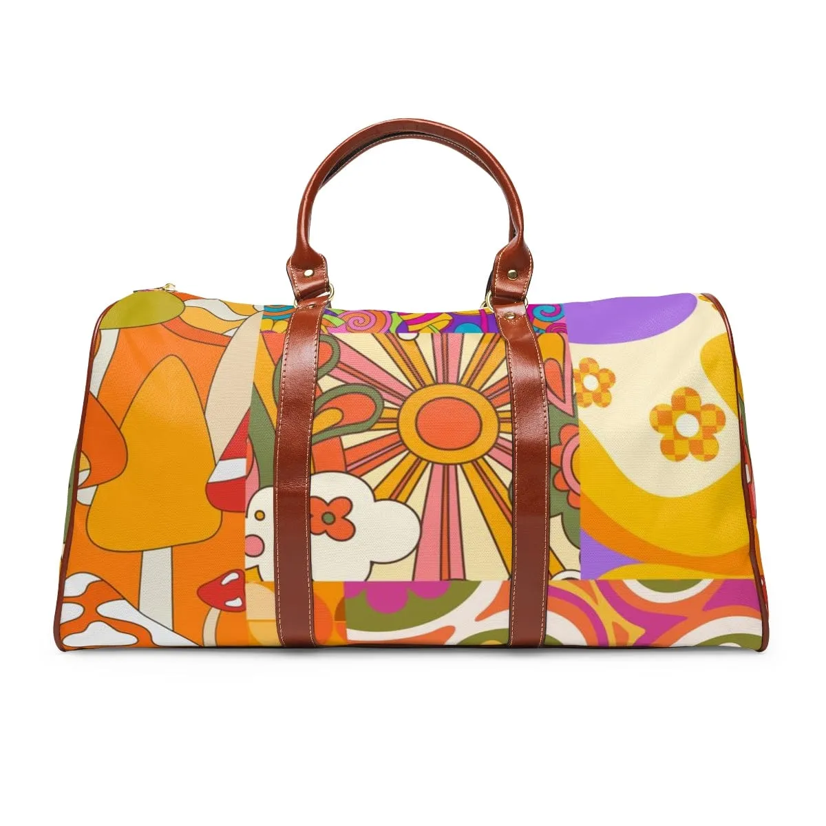 70's Retro Boho Vibes, Groovy Patchwork Pattern, In Orange, Purple, Green, Pink, Yellow Mid Century Modern VEGAN Waterproof Travel Bag
