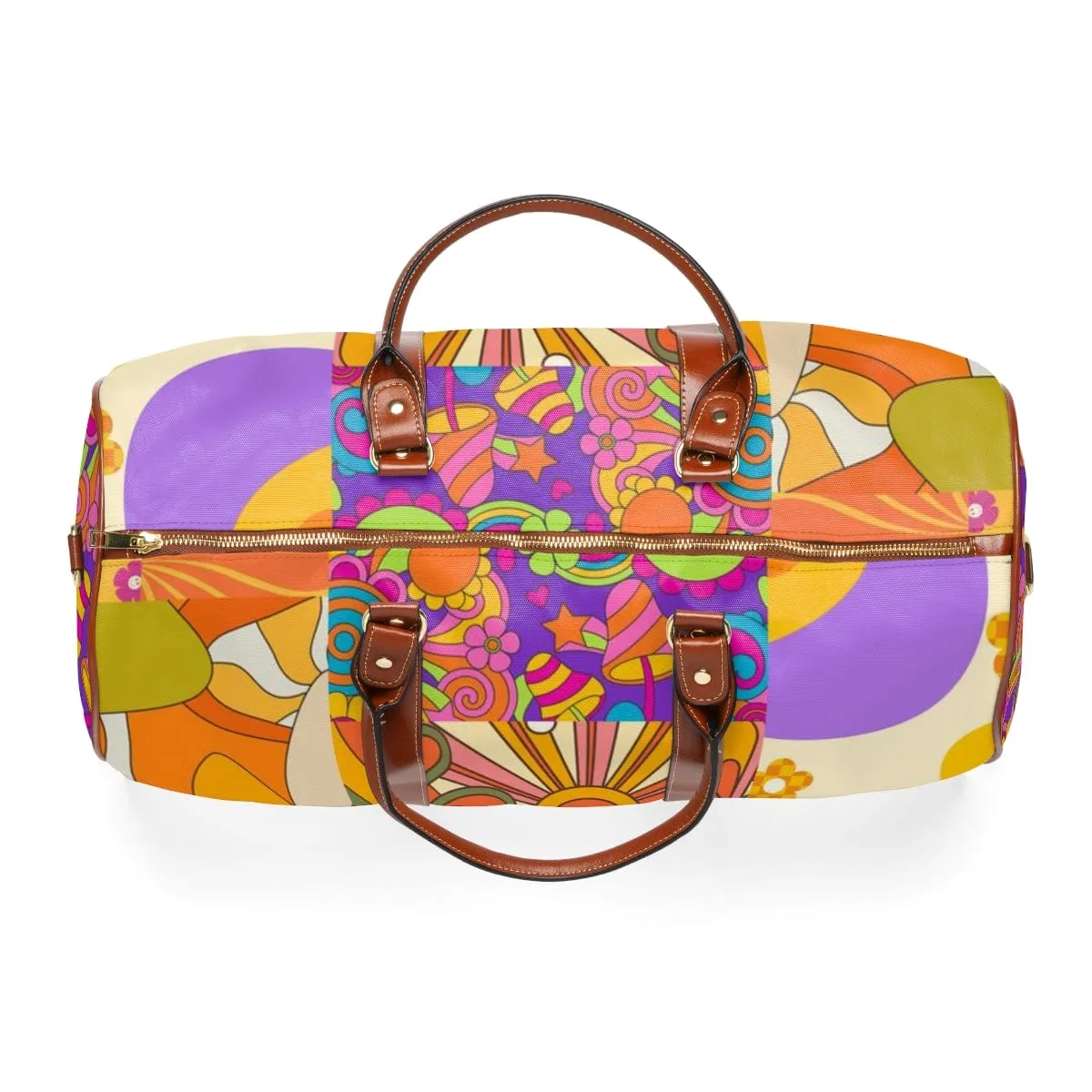 70's Retro Boho Vibes, Groovy Patchwork Pattern, In Orange, Purple, Green, Pink, Yellow Mid Century Modern VEGAN Waterproof Travel Bag
