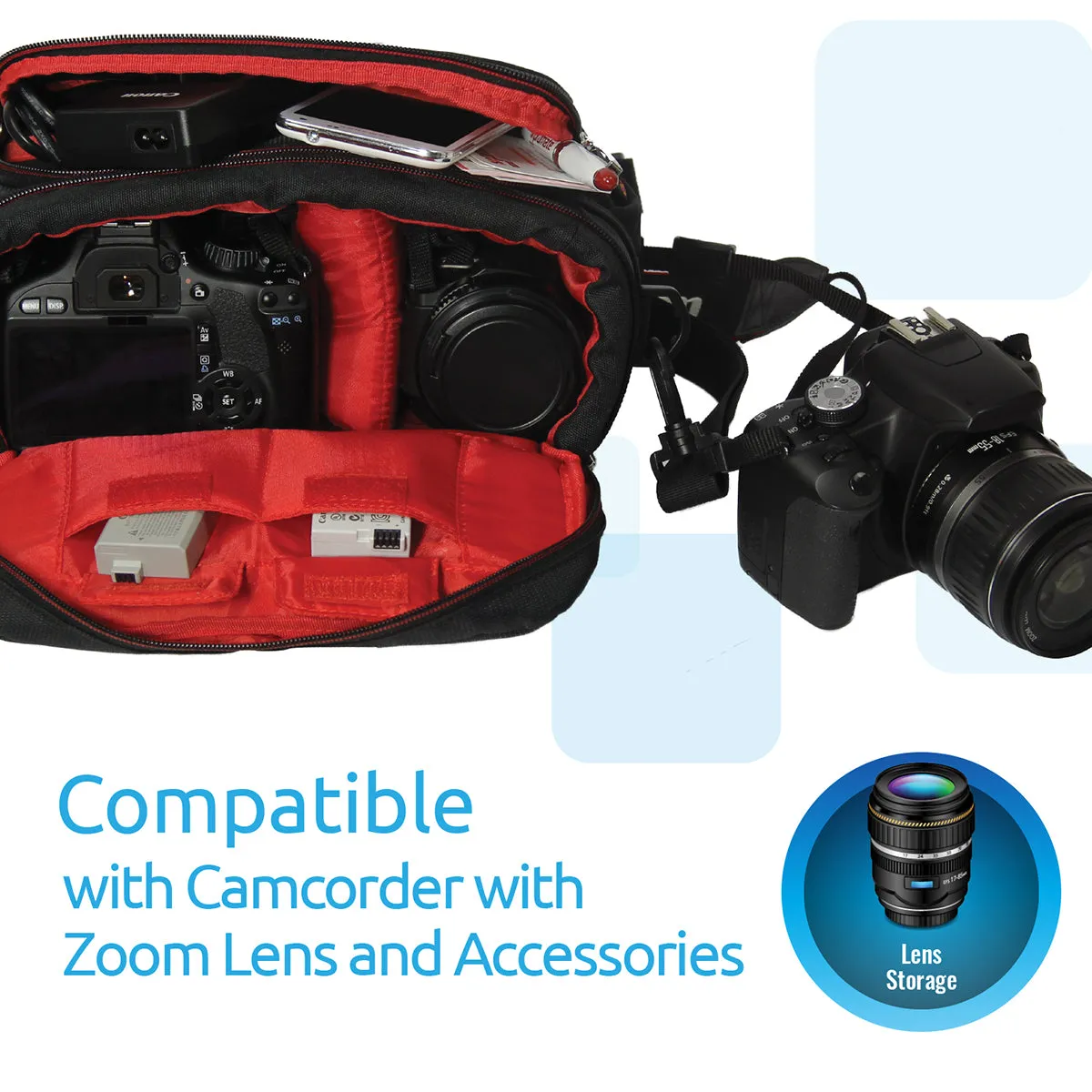 Compact Camera and Camcorder Shoulder Bag with Front Pocket and Battery Storage