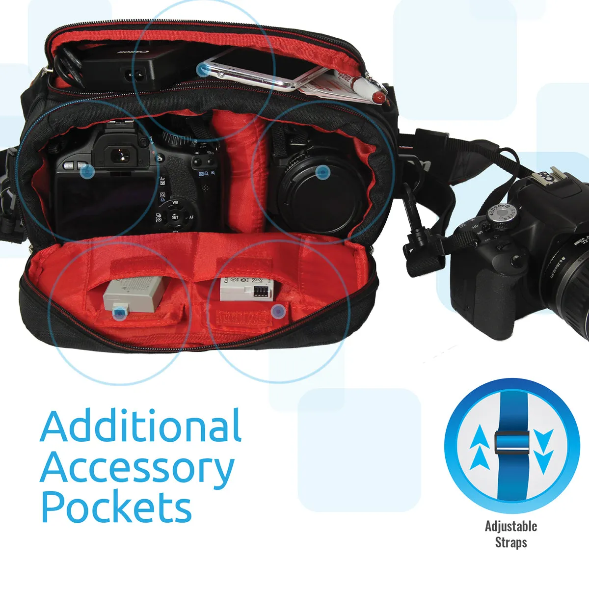 Compact Camera and Camcorder Shoulder Bag with Front Pocket and Battery Storage