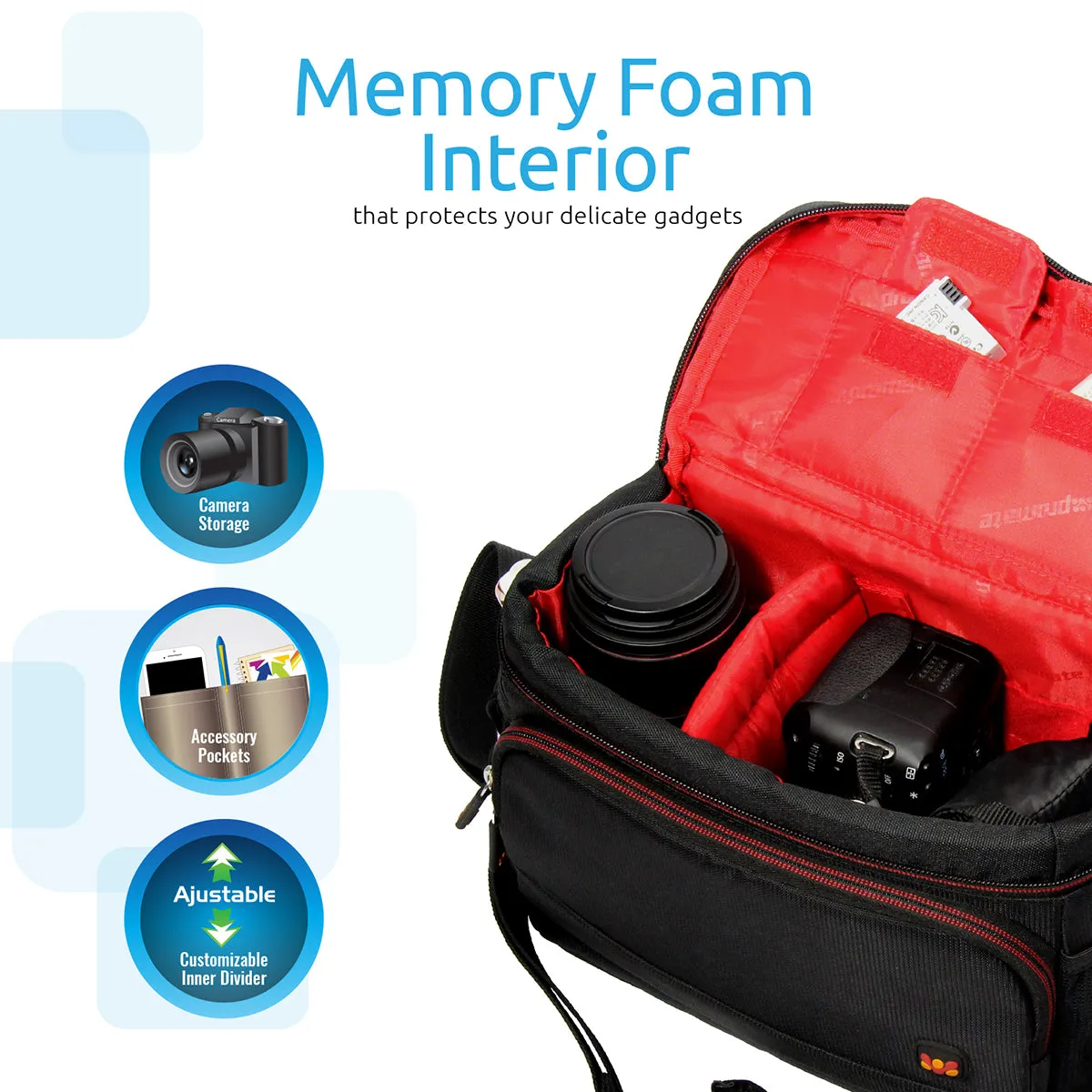 Compact Camera and Camcorder Shoulder Bag with Front Pocket and Battery Storage