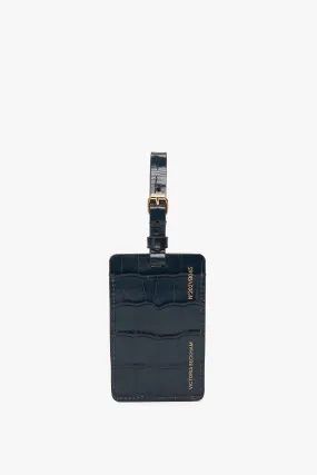 Luggage Tag In Midnight Blue Croc Embossed Leather