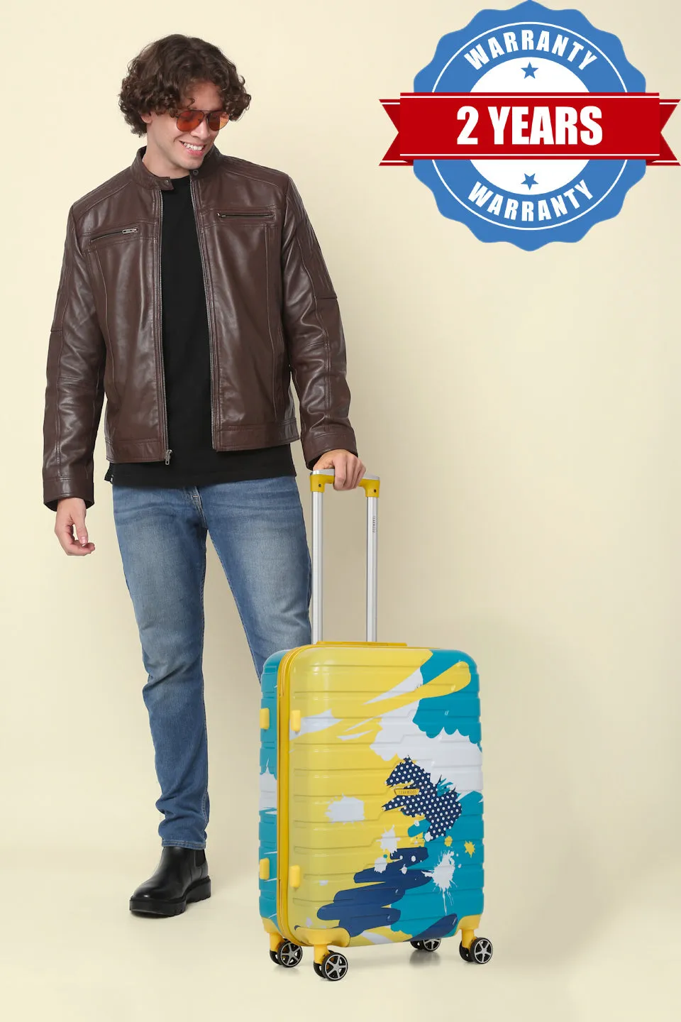 Yellow Abstract printed hard sided trolley bag