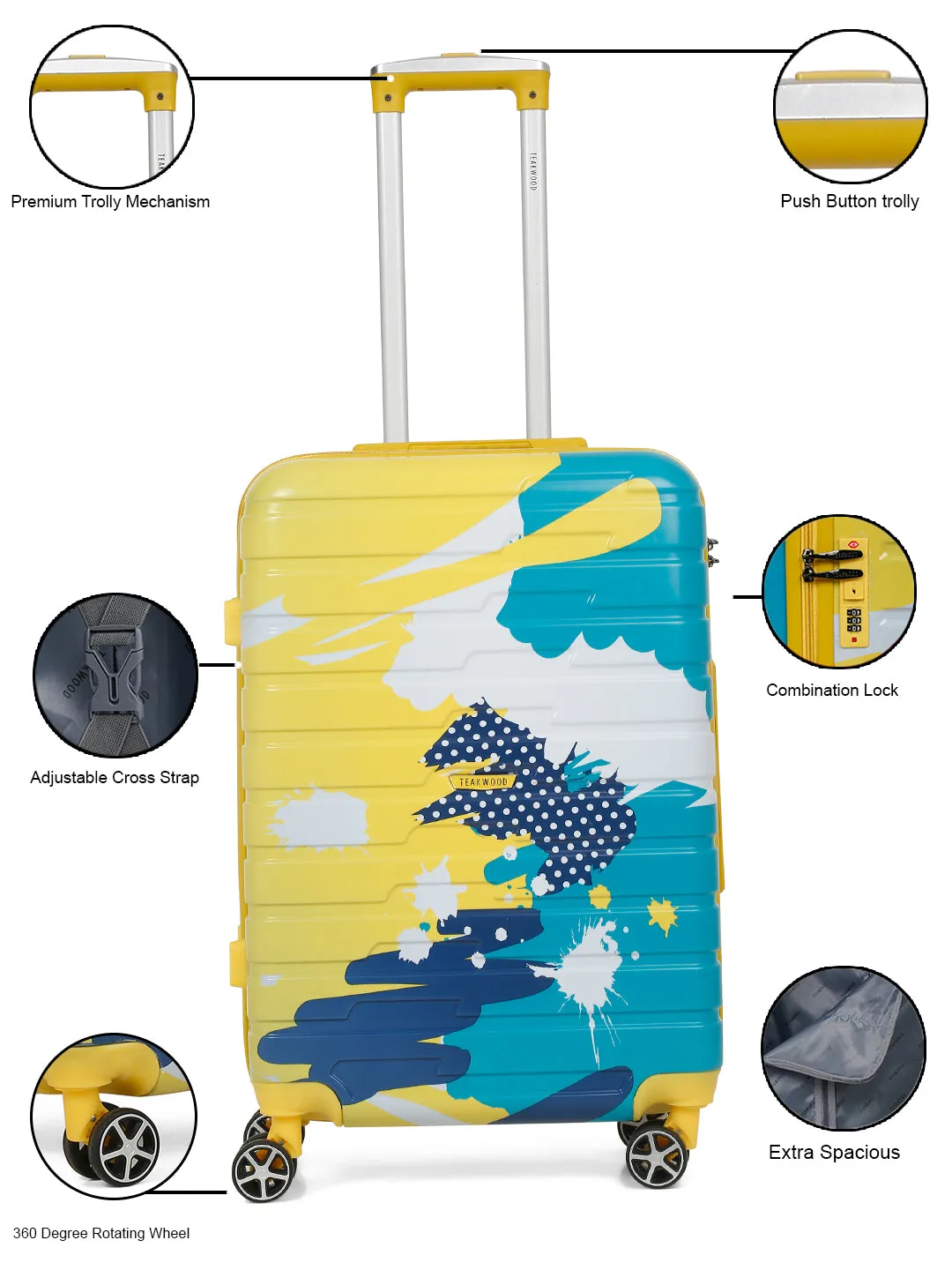 Yellow Abstract printed hard sided trolley bag