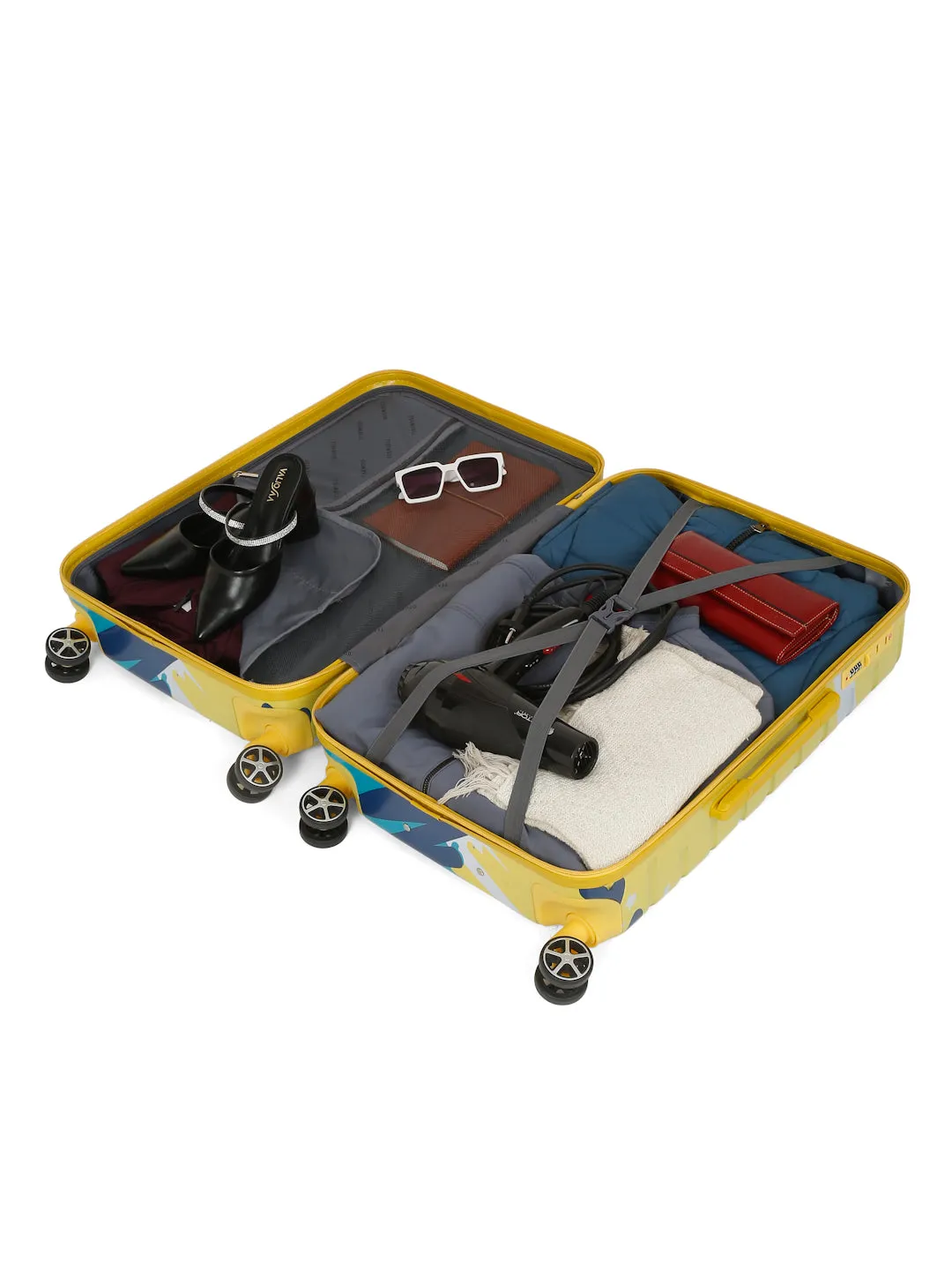 Yellow Abstract printed hard sided trolley bag